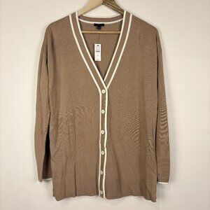 Talbots Tan White Preppy V-Neck Button Cardigan Old Money Cotton Blend